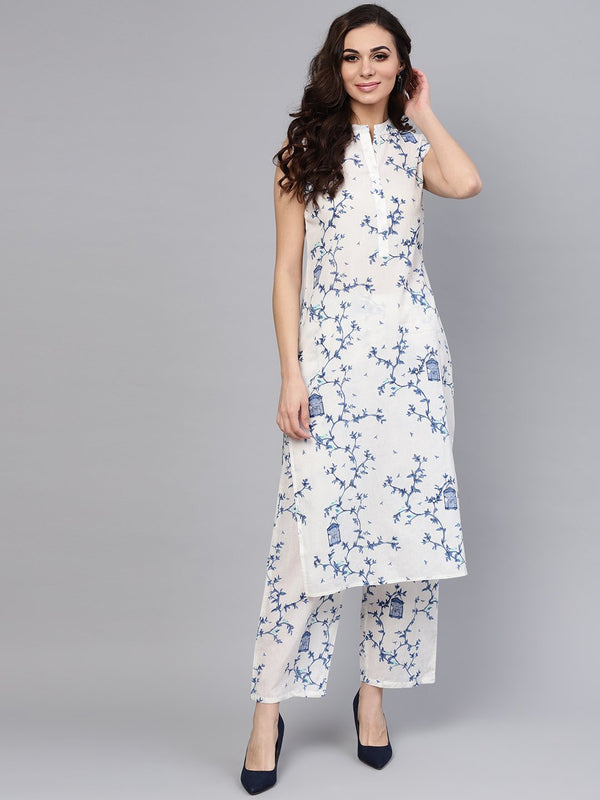 White Printed Sleeveless Kurta with Pant | NOZ2TOZ - Made In INDIA.