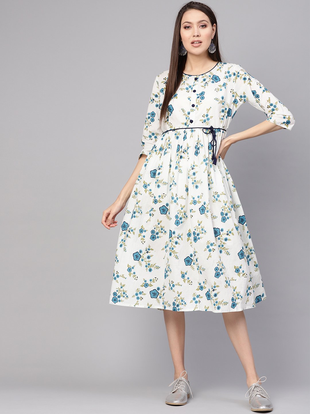 Women White & Blue Printed A-Line Dress | NOZ2TOZ - Made In INDIA.