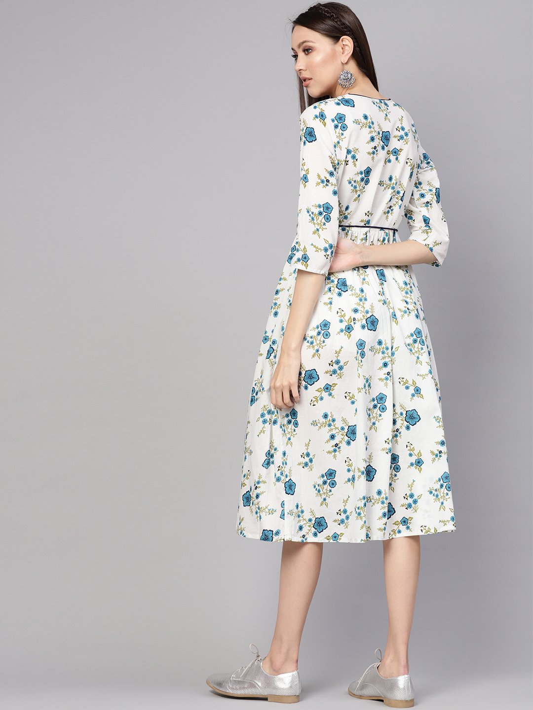 Women White & Blue Printed A-Line Dress | NOZ2TOZ - Made In INDIA.