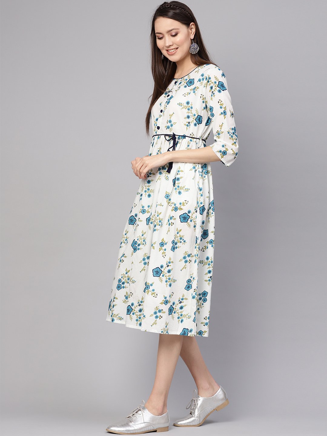 Women White & Blue Printed A-Line Dress | NOZ2TOZ - Made In INDIA.