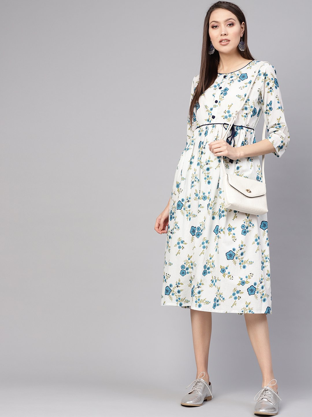 Women White & Blue Printed A-Line Dress | NOZ2TOZ - Made In INDIA.