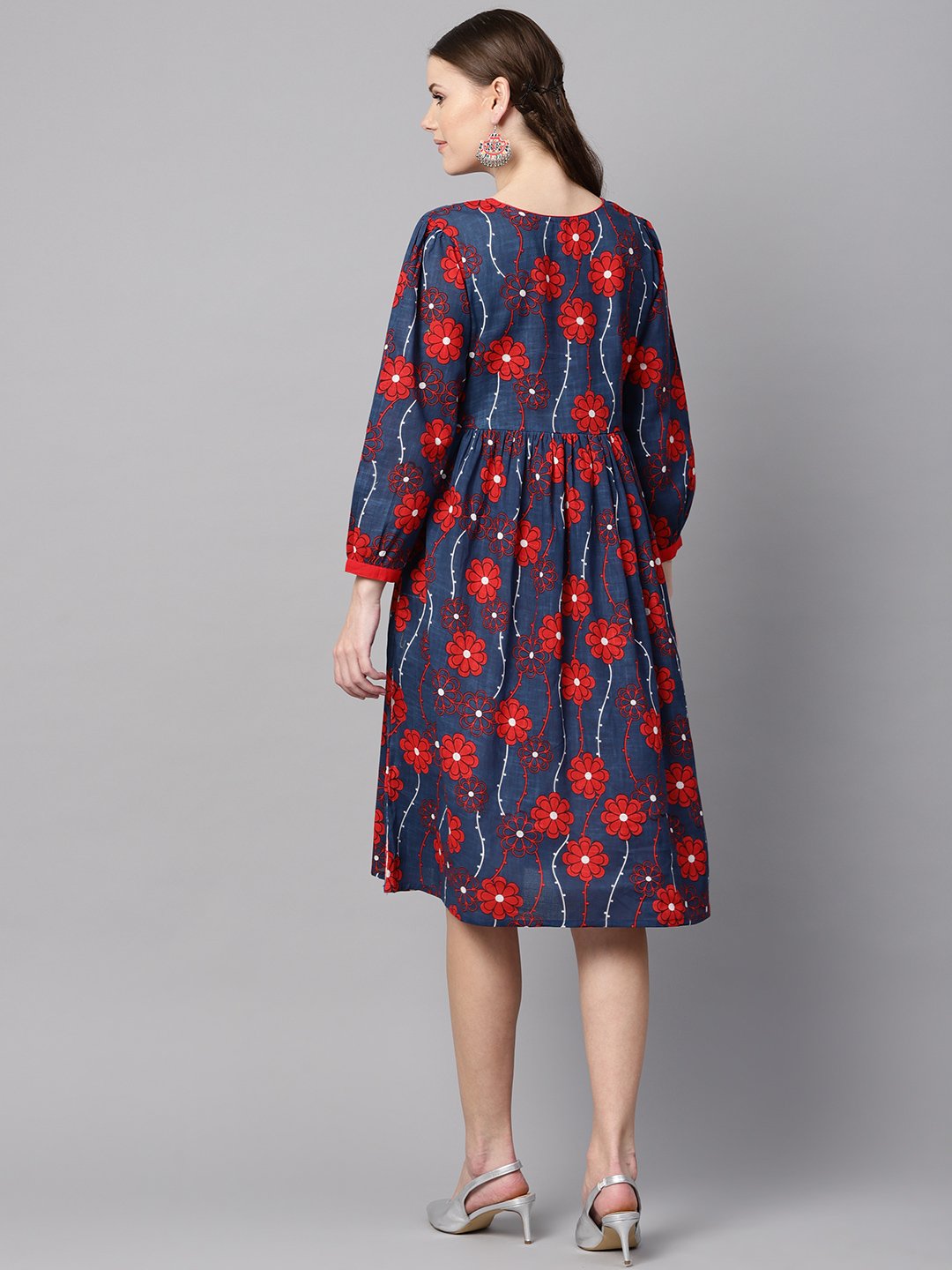 Blue Printed Dress with V neck & 3/4 sleeves | NOZ2TOZ - Made In INDIA.