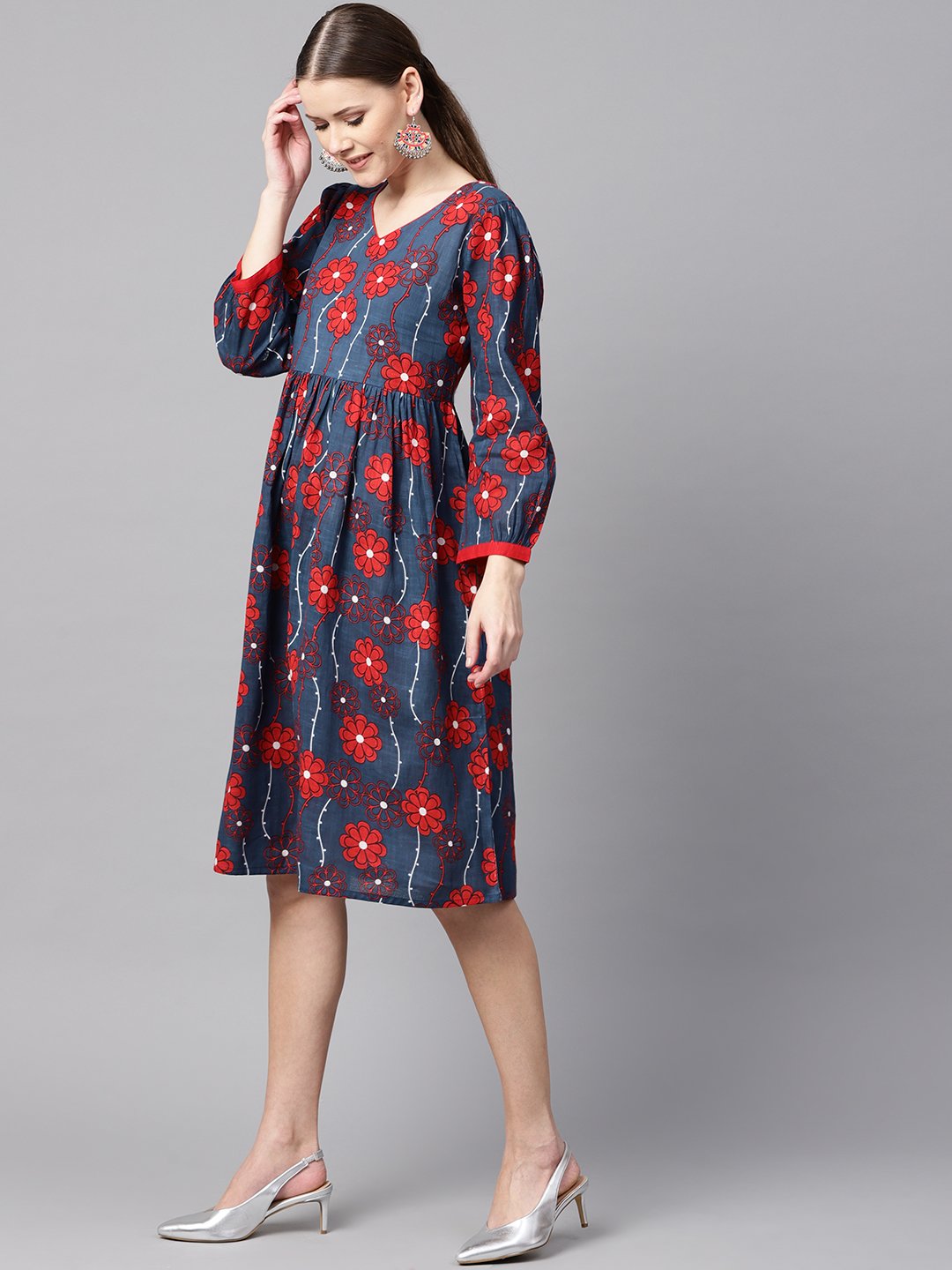 Blue Printed Dress with V neck & 3/4 sleeves | NOZ2TOZ - Made In INDIA.