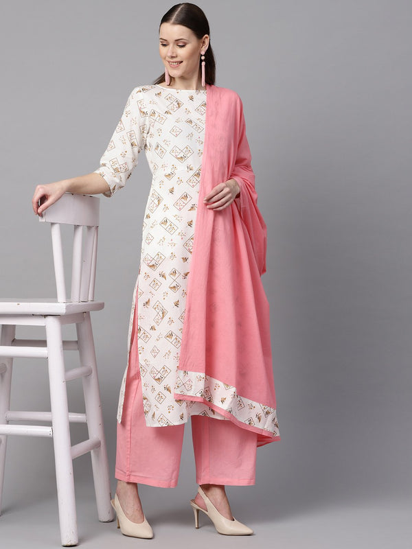 White Printed 3/4th sleeve Kurta with Solid baby pink palazzo & Dupatta | NOZ2TOZ - Made In INDIA.