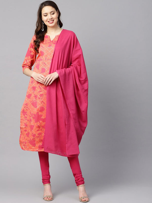 Women Peach-Coloured & Pink Printed Kurta with Churidar & Dupatta | NOZ2TOZ - Made In INDIA.