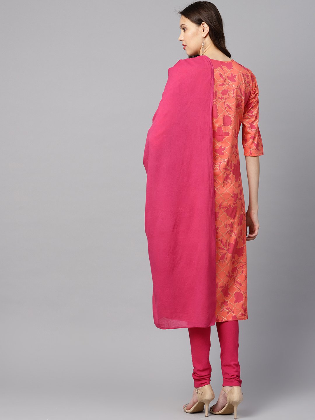 Women Peach-Coloured & Pink Printed Kurta with Churidar & Dupatta | NOZ2TOZ - Made In INDIA.