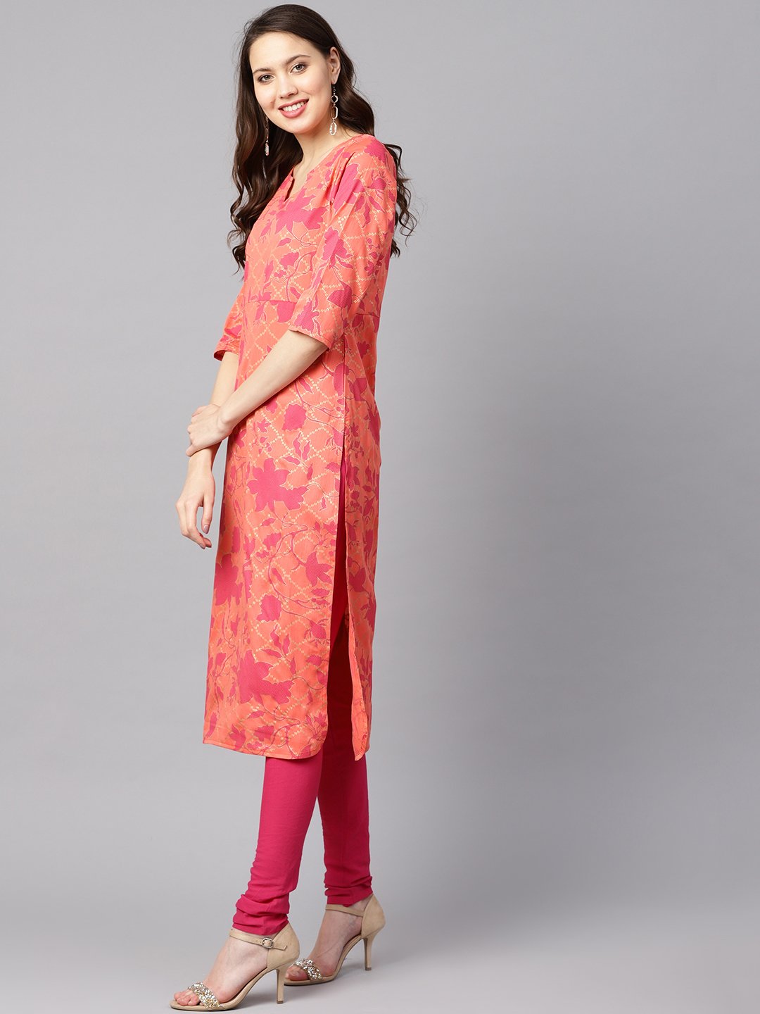 Women Peach-Coloured & Pink Printed Kurta with Churidar & Dupatta | NOZ2TOZ - Made In INDIA.