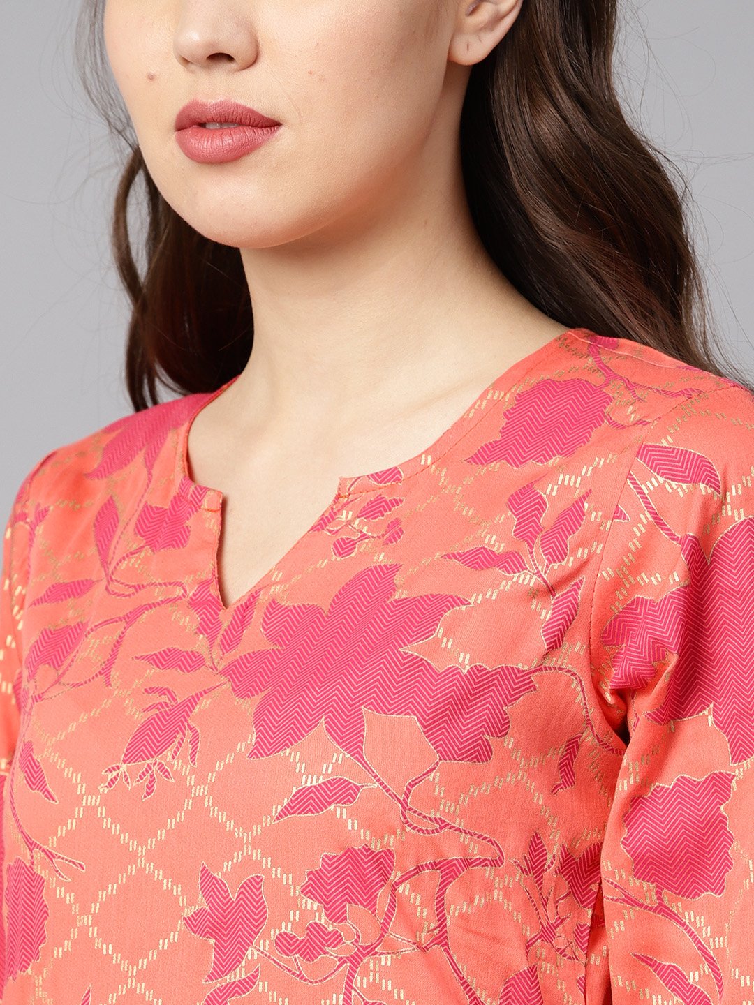 Women Peach-Coloured & Pink Printed Kurta with Churidar & Dupatta | NOZ2TOZ - Made In INDIA.