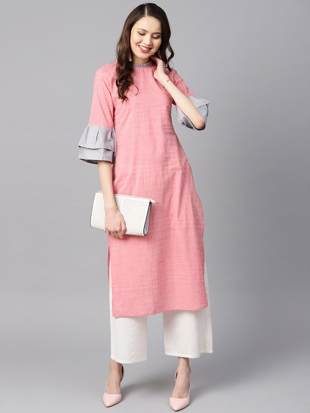 Light Pink Kurta with Pleated Neckline with Flared Sleeves | NOZ2TOZ - Made In INDIA.