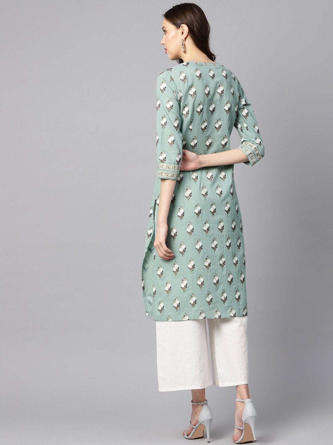 Green kantha floral gold print 3/4th sleeve chinese collar with button and cuff detailing kurta. | NOZ2TOZ - Made In INDIA.