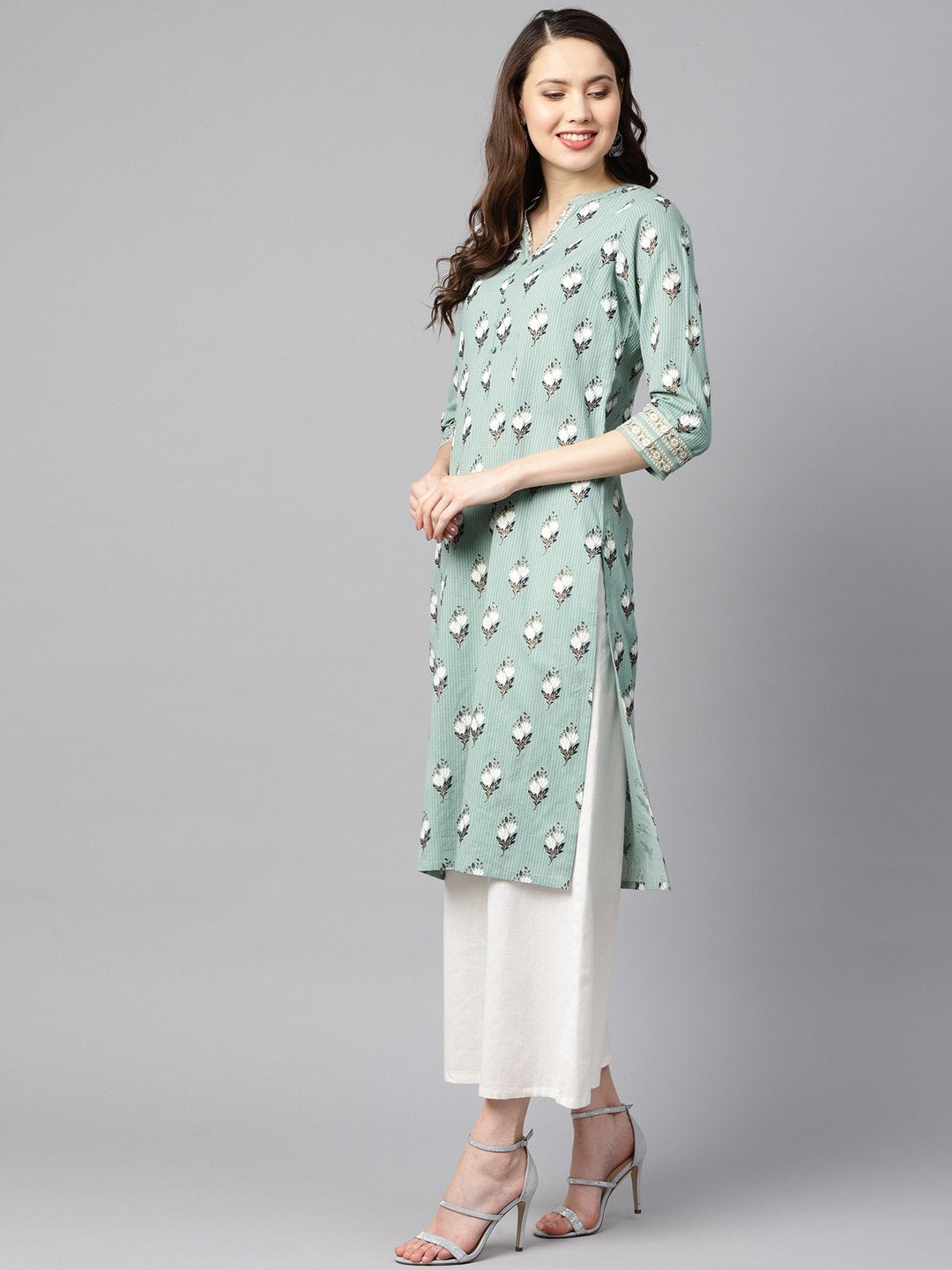 Green kantha floral gold print 3/4th sleeve chinese collar with button and cuff detailing kurta. | NOZ2TOZ - Made In INDIA.