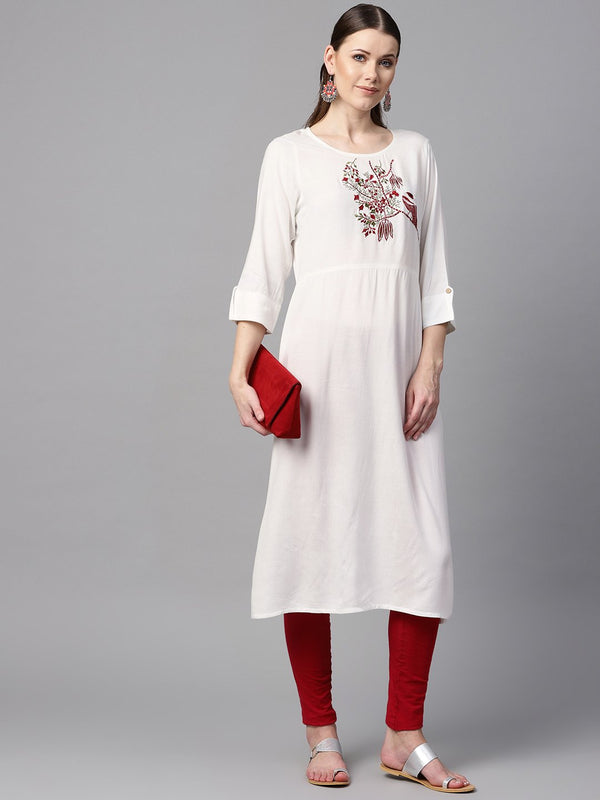 White color solid round neck a-line kurta with embroidered yoke. | NOZ2TOZ - Made In INDIA.