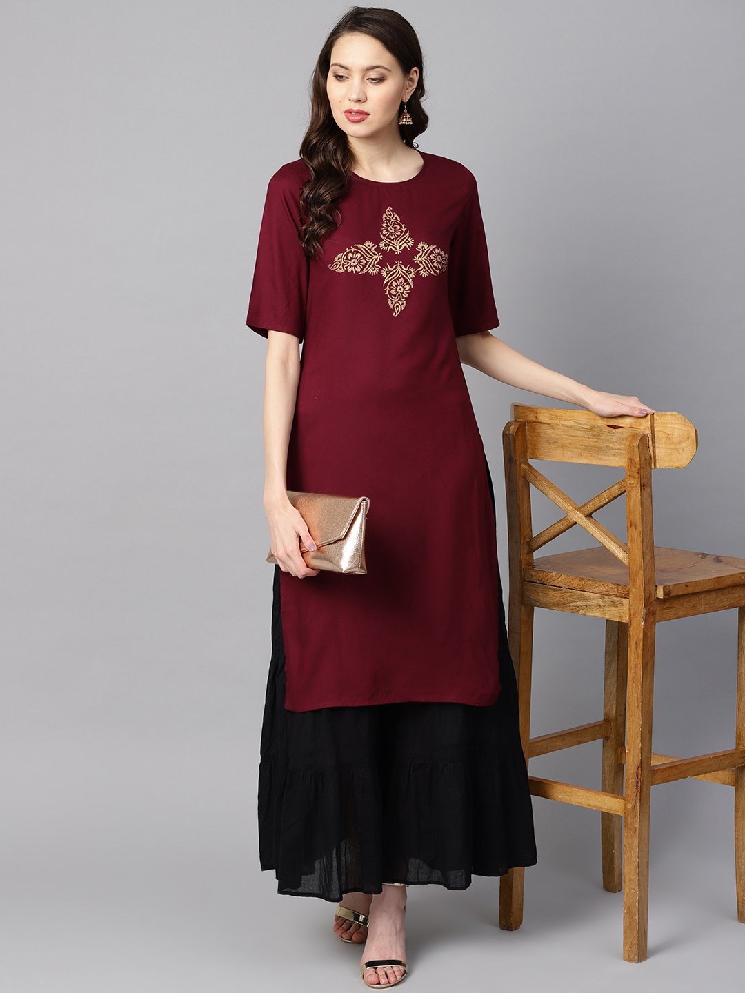 Burgundy color block printed half sleeve straight kurta | NOZ2TOZ - Made In INDIA.