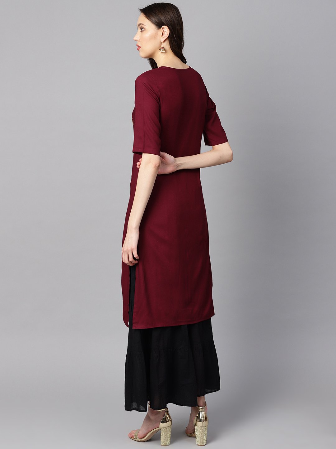 Burgundy color block printed half sleeve straight kurta | NOZ2TOZ - Made In INDIA.