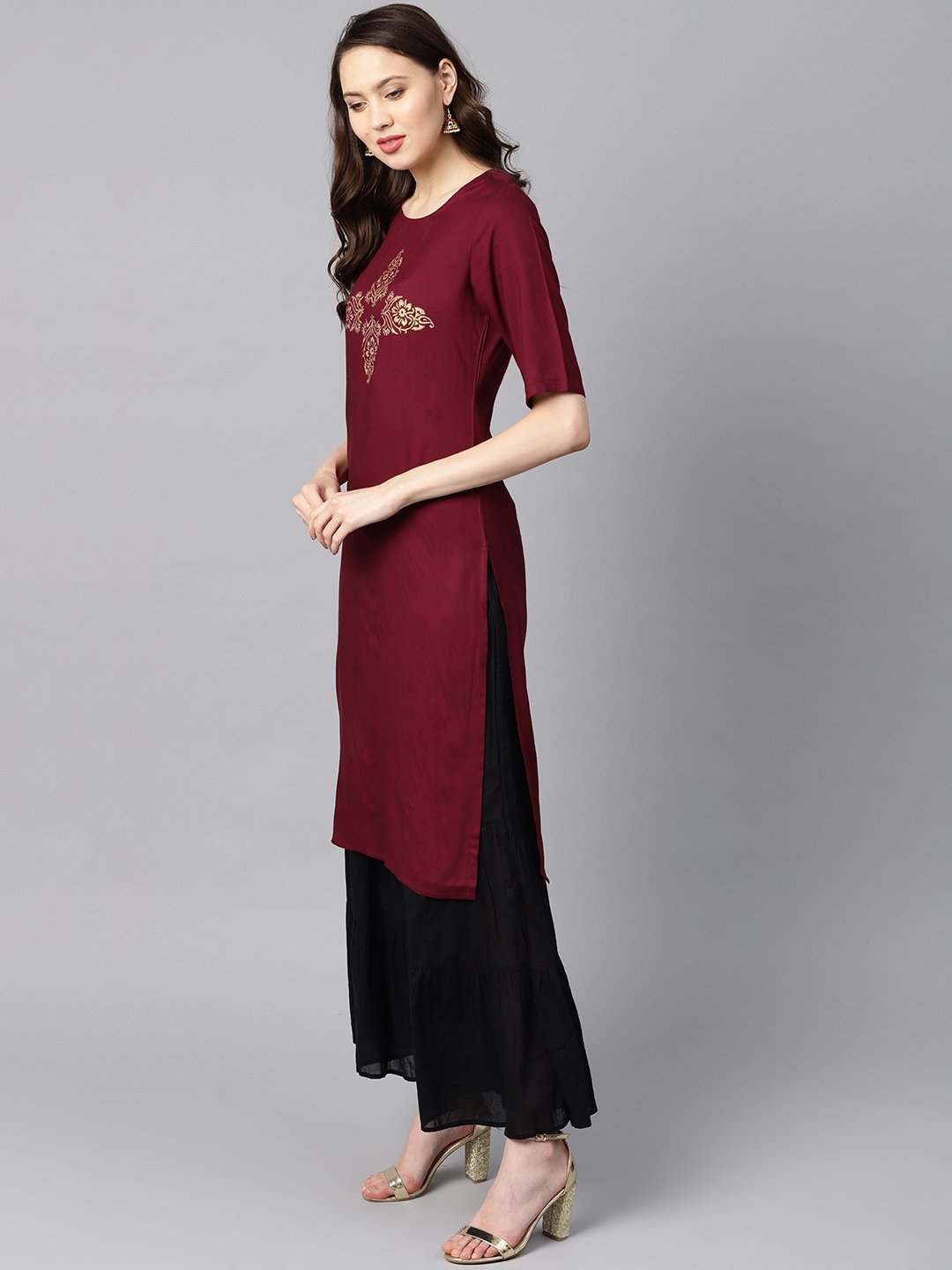 Burgundy color block printed half sleeve straight kurta | NOZ2TOZ - Made In INDIA.