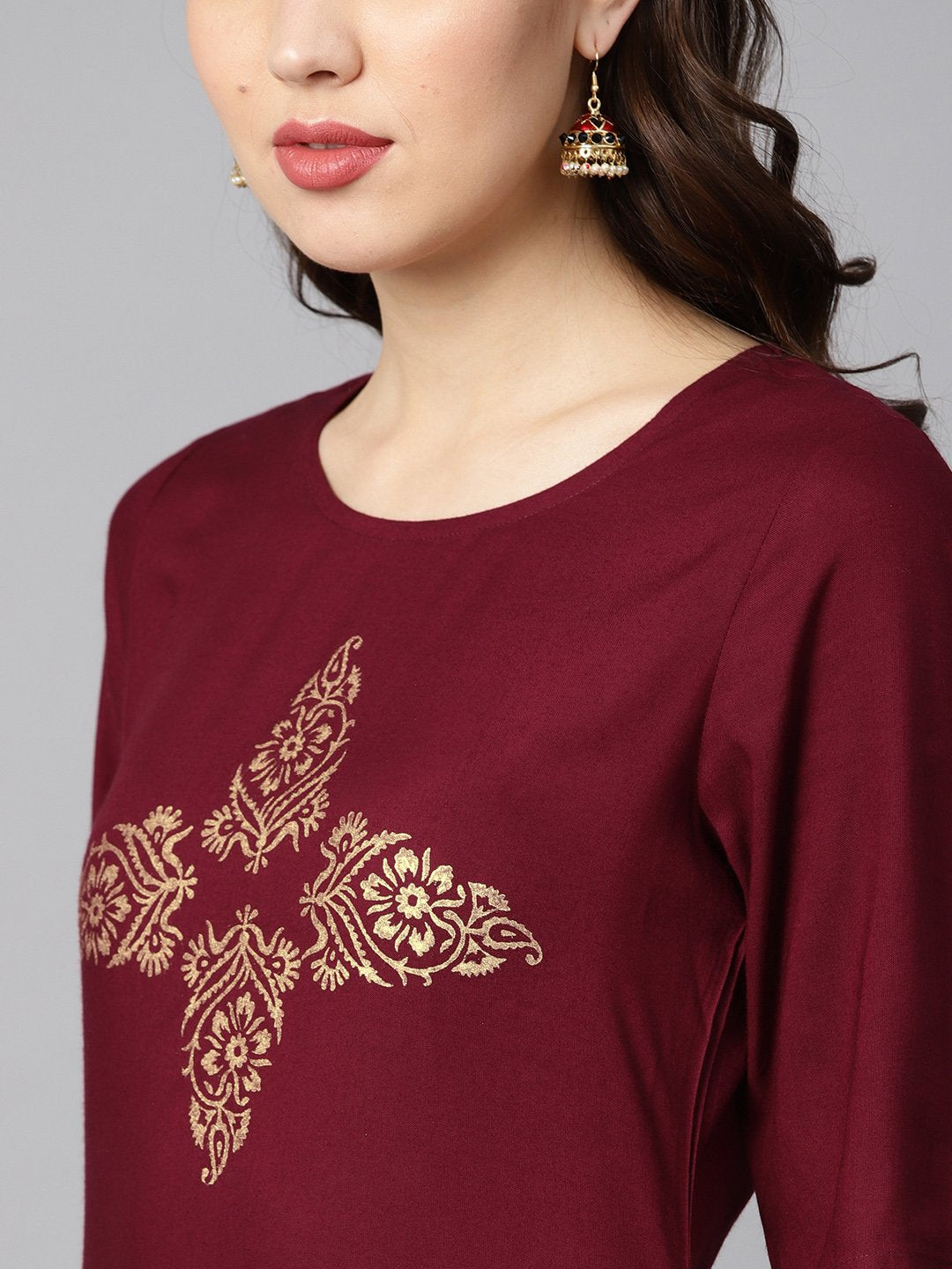 Burgundy color block printed half sleeve straight kurta | NOZ2TOZ - Made In INDIA.