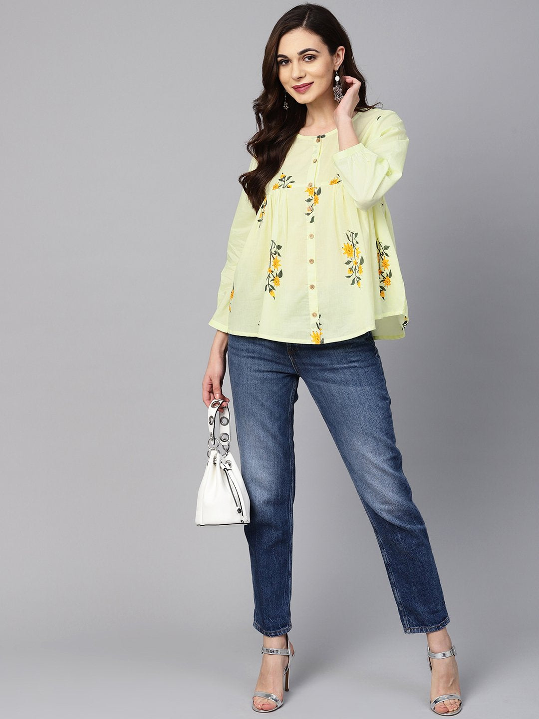 Lemon Yellow color floral printed tunic | NOZ2TOZ - Made In INDIA.