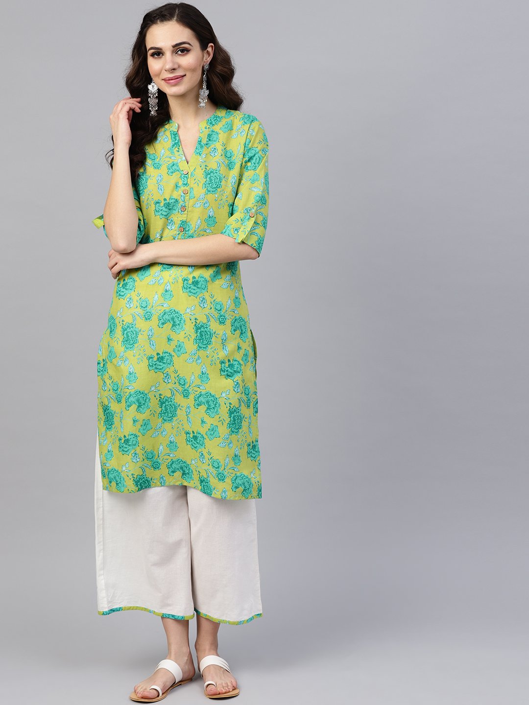 Fluorescent Green & Blue Floral Printed Kurta Set with White Palazzo with Print Detailing | NOZ2TOZ - Made In INDIA.