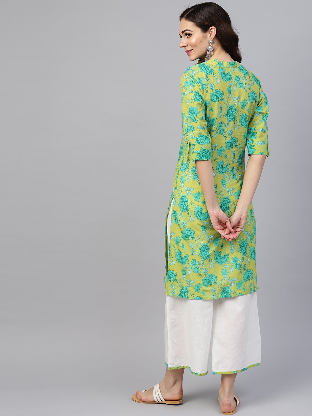 Fluorescent Green & Blue Floral Printed Kurta Set with White Palazzo with Print Detailing | NOZ2TOZ - Made In INDIA.