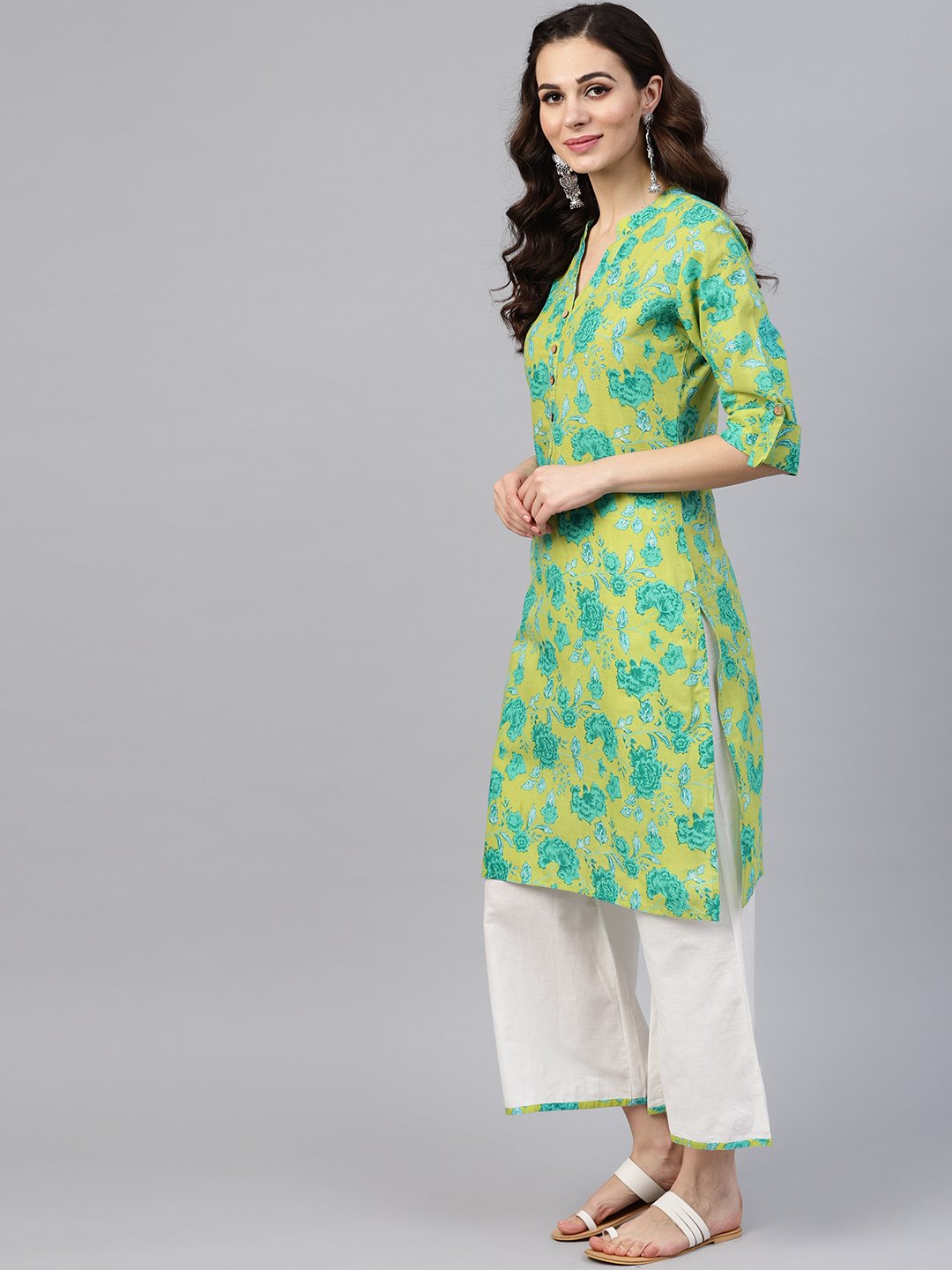 Fluorescent Green & Blue Floral Printed Kurta Set with White Palazzo with Print Detailing | NOZ2TOZ - Made In INDIA.