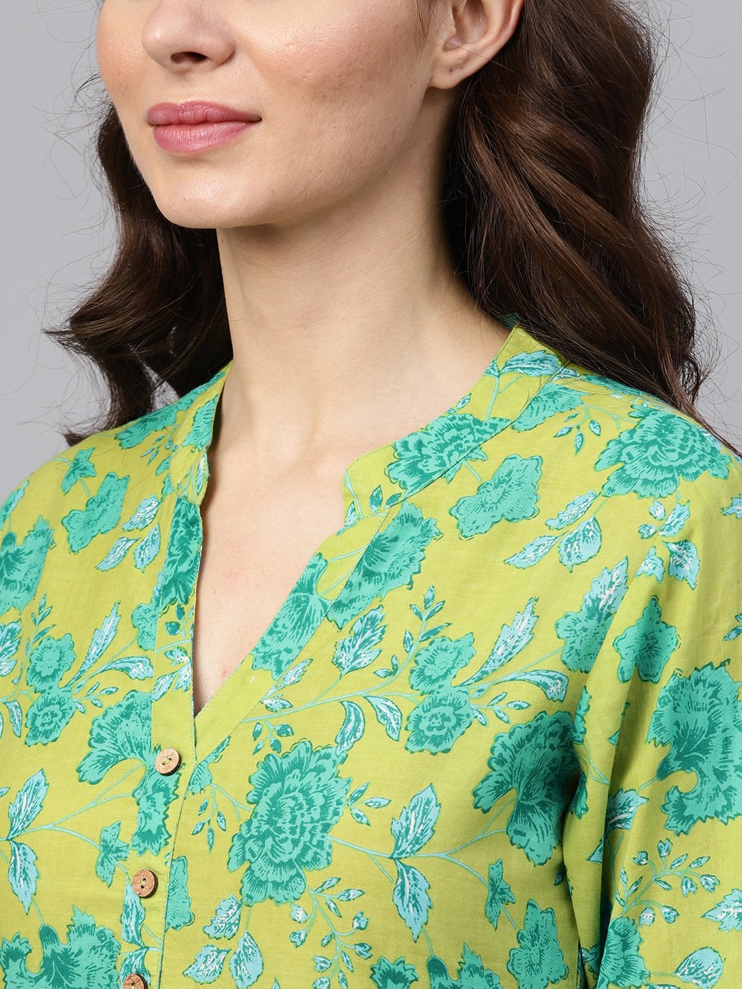 Fluorescent Green & Blue Floral Printed Kurta Set with White Palazzo with Print Detailing | NOZ2TOZ - Made In INDIA.