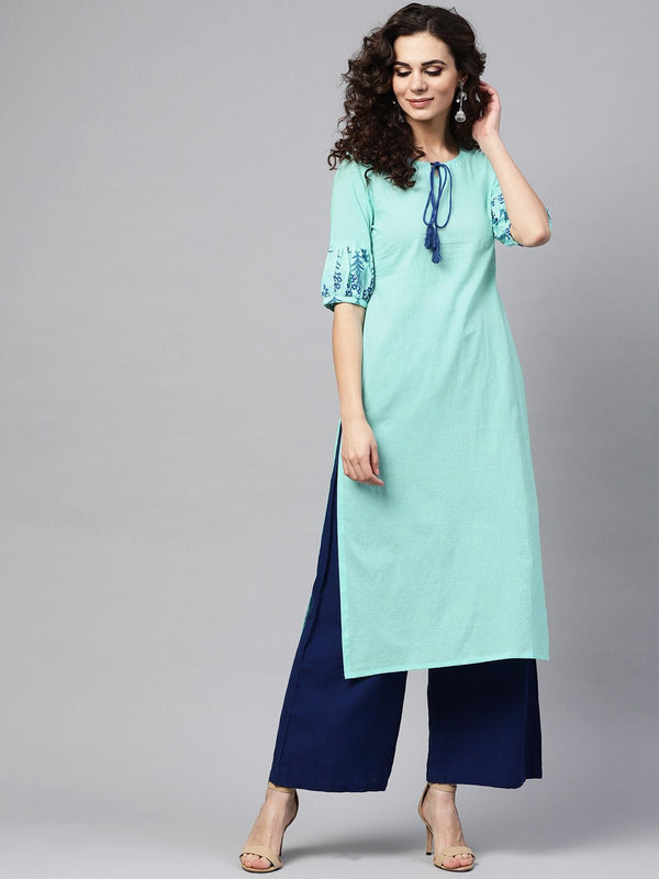 Light Blue Straight Kurta with Key Hole Neck & printed Detailed sleeves | NOZ2TOZ - Made In INDIA.