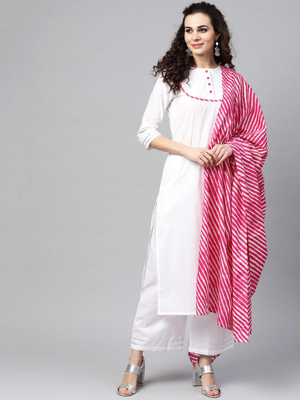 White Kurta Set With Palazzo &  cotton Megenta Lehriya dupatta | NOZ2TOZ - Made In INDIA.