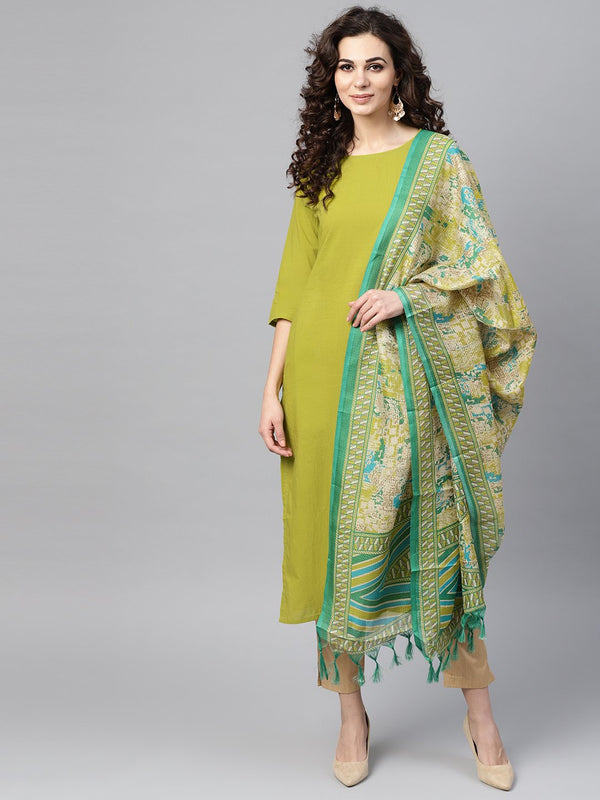 Solid Green Kurta Set with Beige Pant & Bhagalpuri printed Dupatta | NOZ2TOZ - Made In INDIA.