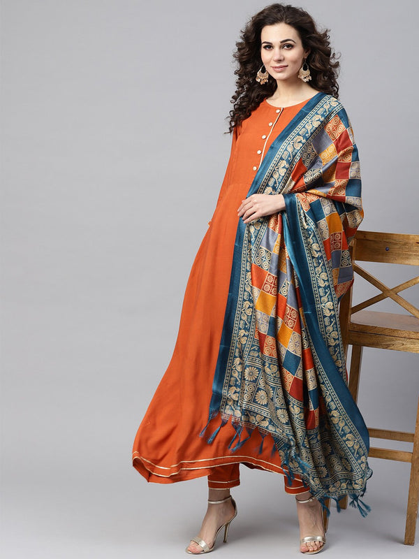 Rust Orange A-line Kurta Set With Pants & Bhagalpuri printed Dupatta | NOZ2TOZ - Made In INDIA.