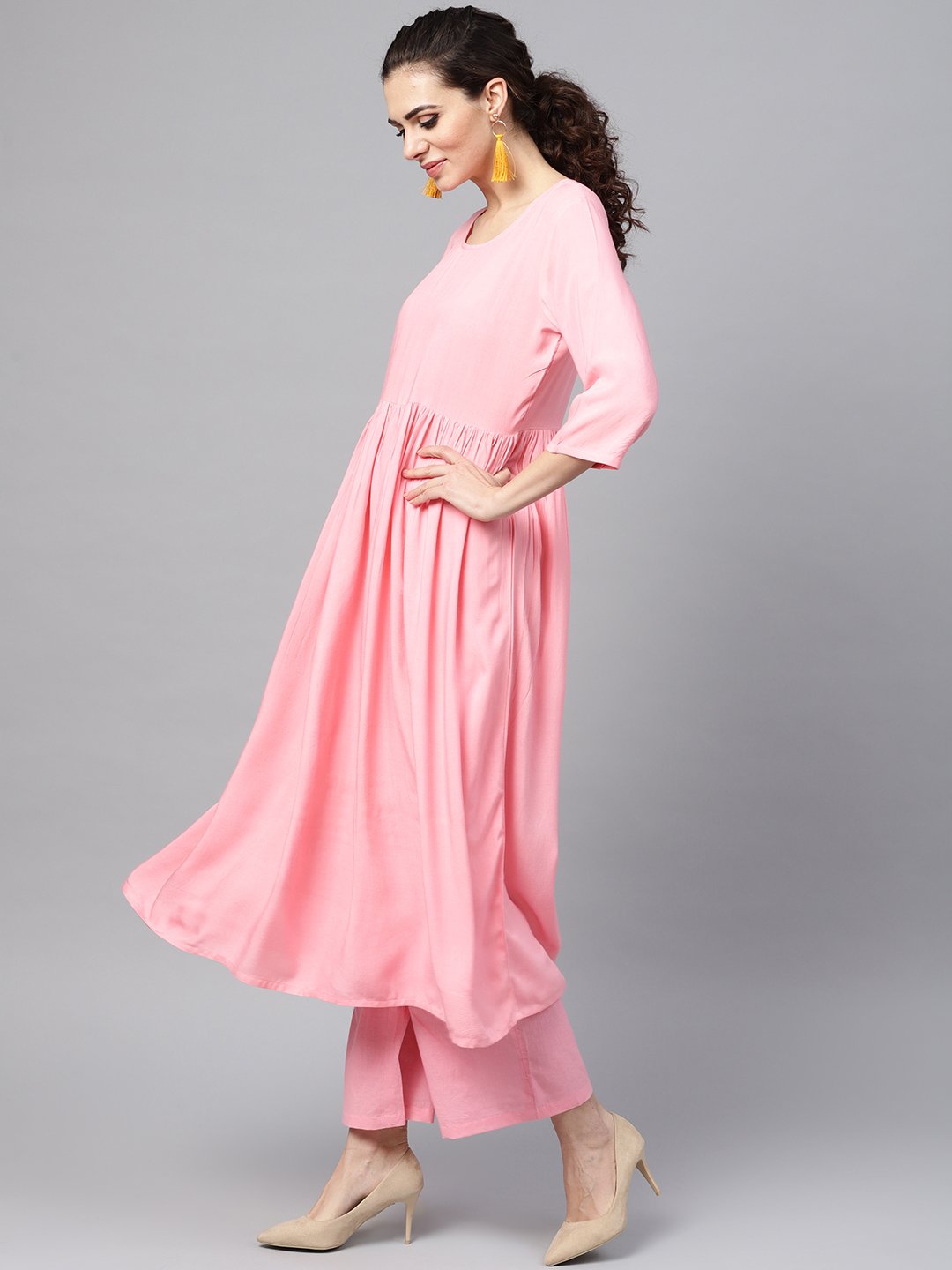 Solid Pink Anarkali Kurta with Palazzo & Bhagalpuri Dupatta | NOZ2TOZ - Made In INDIA.