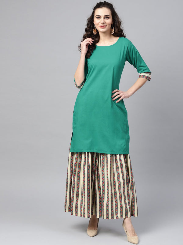 Solid Green Kurta Set with geometric Printed Sharara | NOZ2TOZ - Made In INDIA.