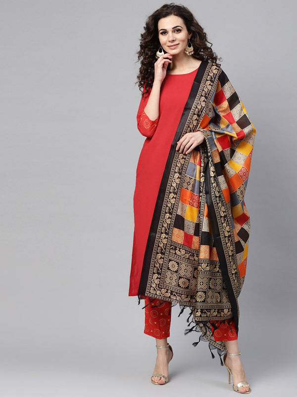 Solid Red Kurta Set with Gold Printed Pants with multi Colored Bhagalpuri Dupatta | NOZ2TOZ - Made In INDIA.