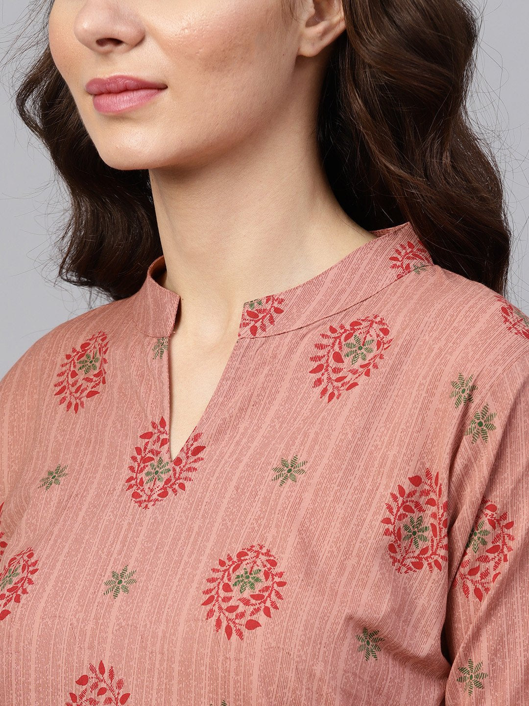 Beige printed 3/4th sleeve cotton kurta set with striped printed dupatta | NOZ2TOZ - Made In INDIA.