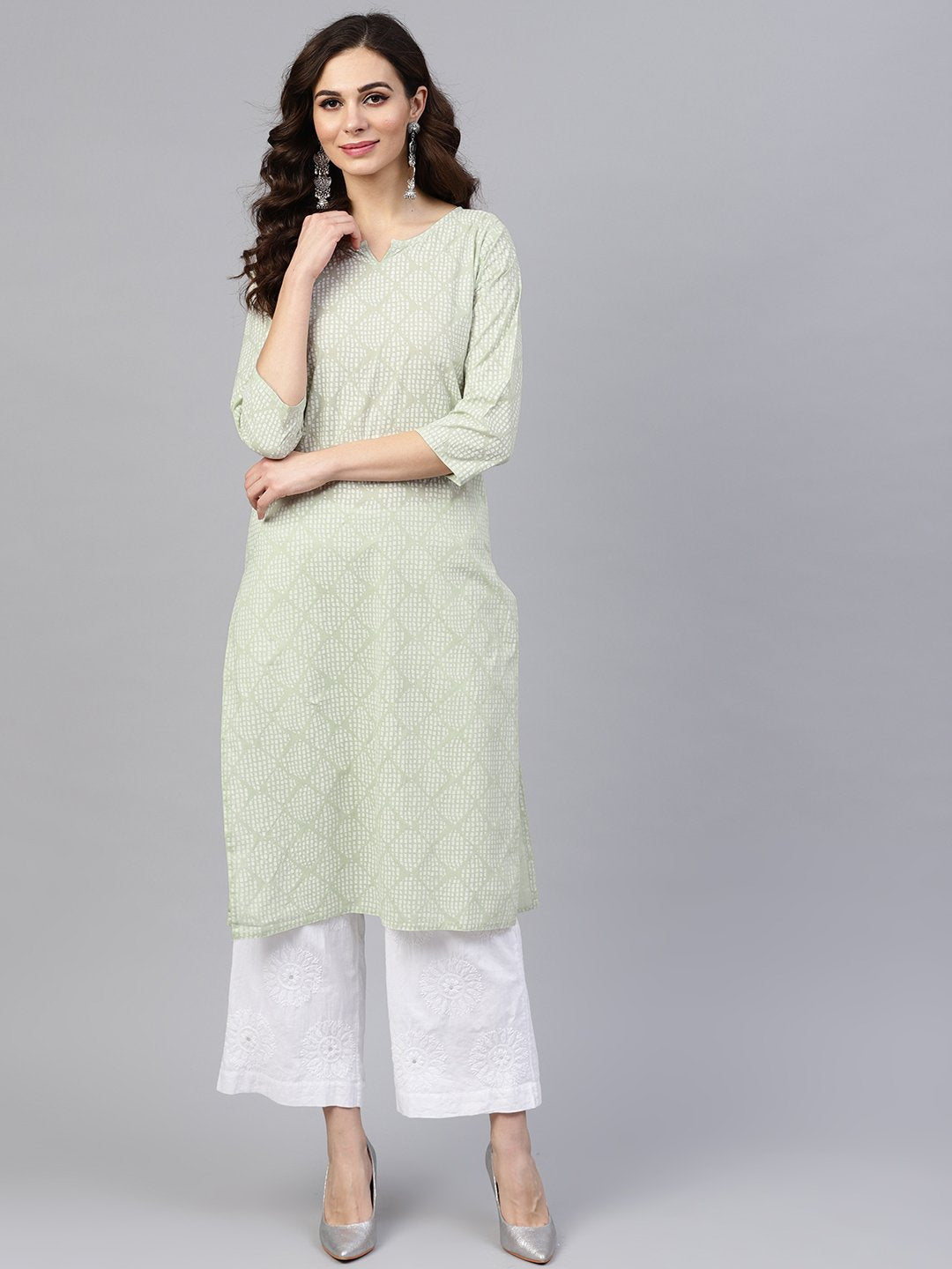 Green printed 3/4th sleeve cotton printed straight kurta | NOZ2TOZ - Made In INDIA.