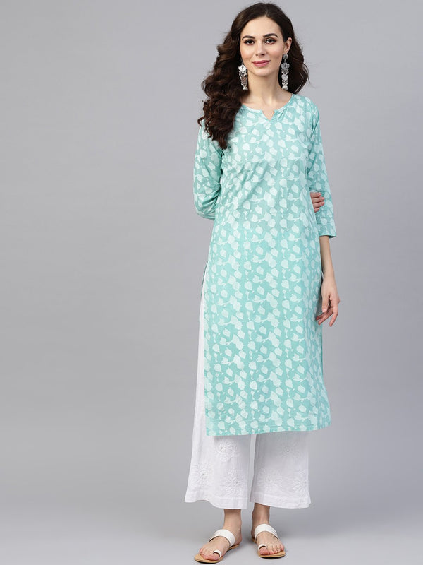 Blue printed 3/4th sleeve cotton printed straight kurta | NOZ2TOZ - Made In INDIA.