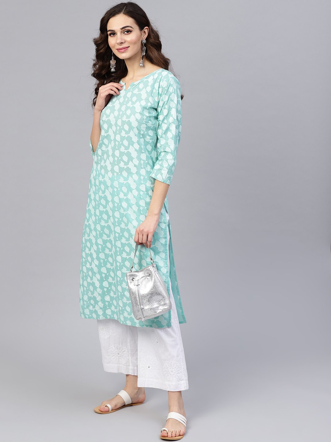 Blue printed 3/4th sleeve cotton printed straight kurta | NOZ2TOZ - Made In INDIA.