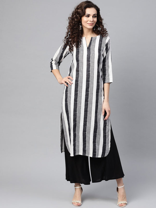 Black & White striped printed 3/4th sleeve cotton kurta | NOZ2TOZ - Made In INDIA.