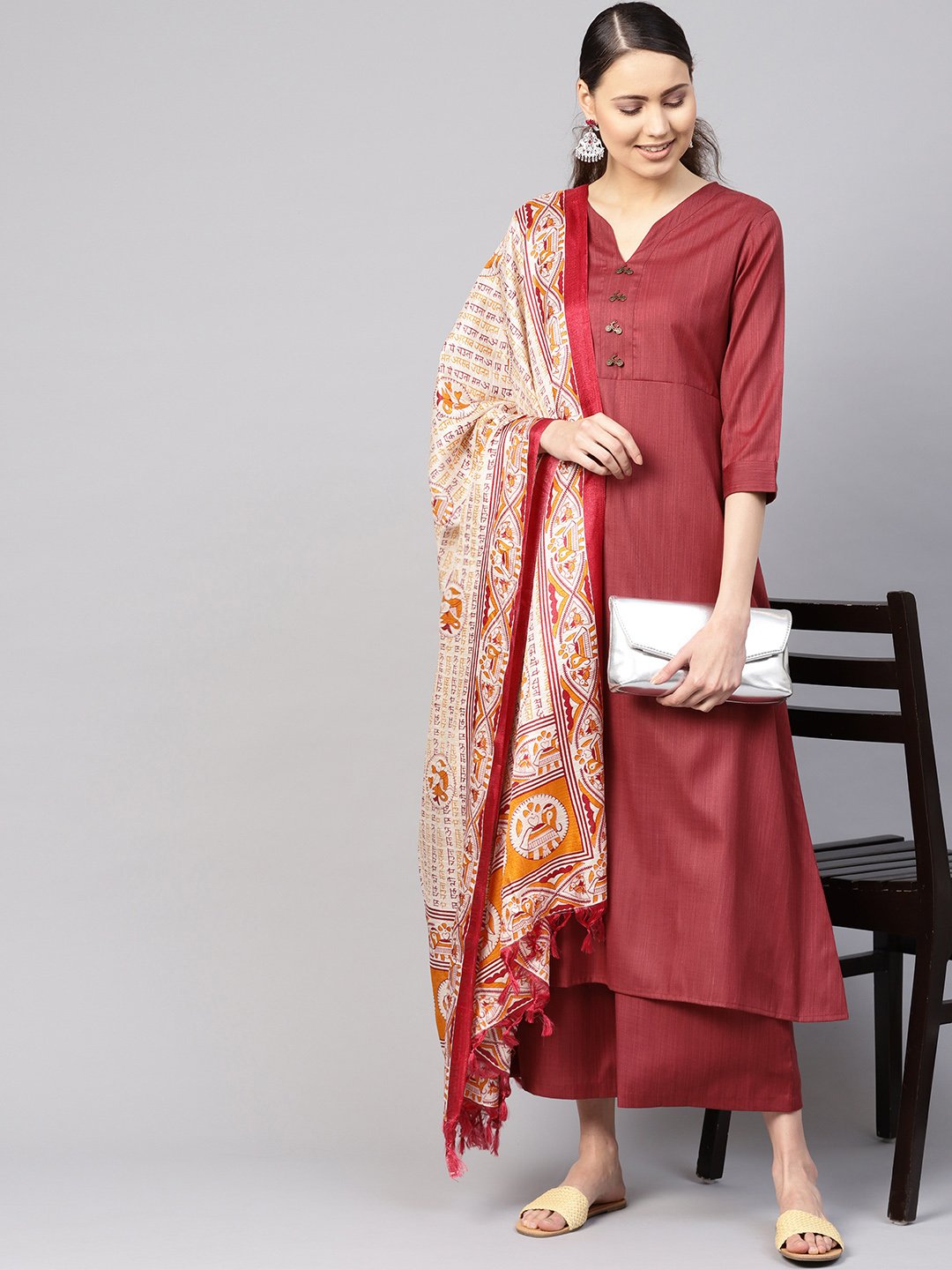 Women Rust Red Solid Kurta with Palazzos & Dupatta | NOZ2TOZ - Made In INDIA.