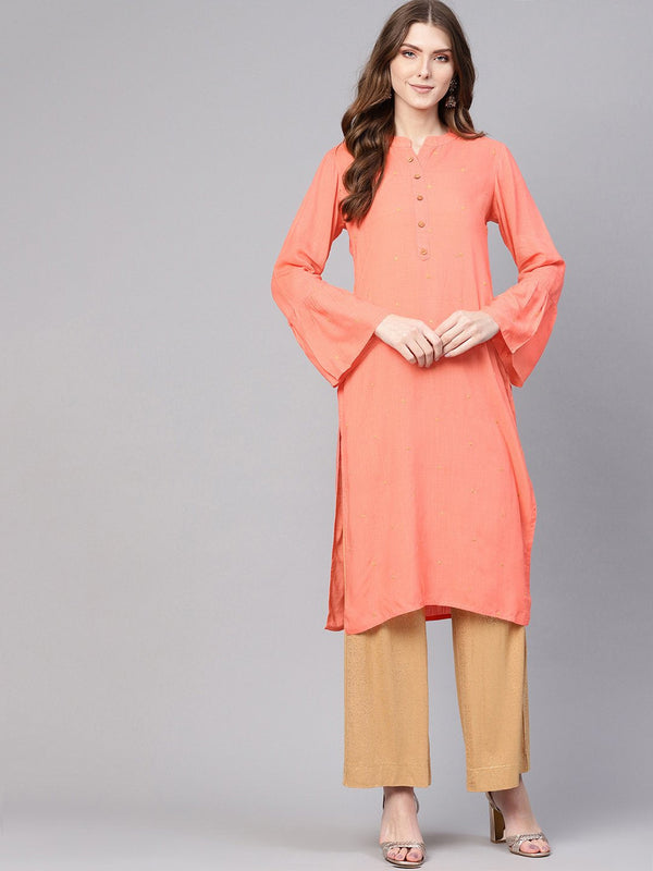 Women Peach-Coloured Woven Design Straight Kurta | NOZ2TOZ - Made In INDIA.