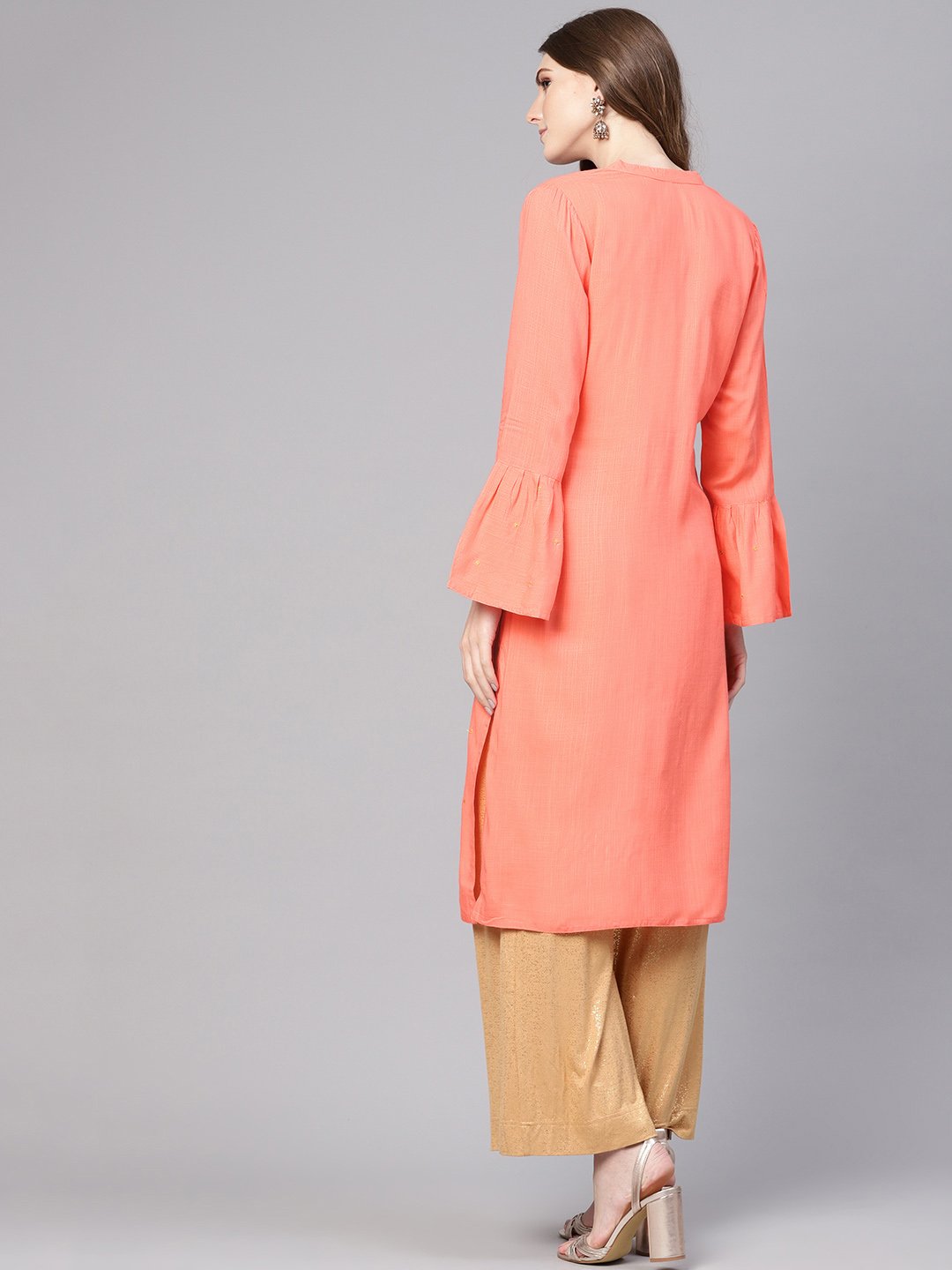 Women Peach-Coloured Woven Design Straight Kurta | NOZ2TOZ - Made In INDIA.