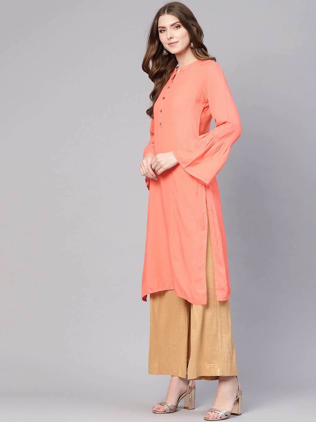 Women Peach-Coloured Woven Design Straight Kurta | NOZ2TOZ - Made In INDIA.