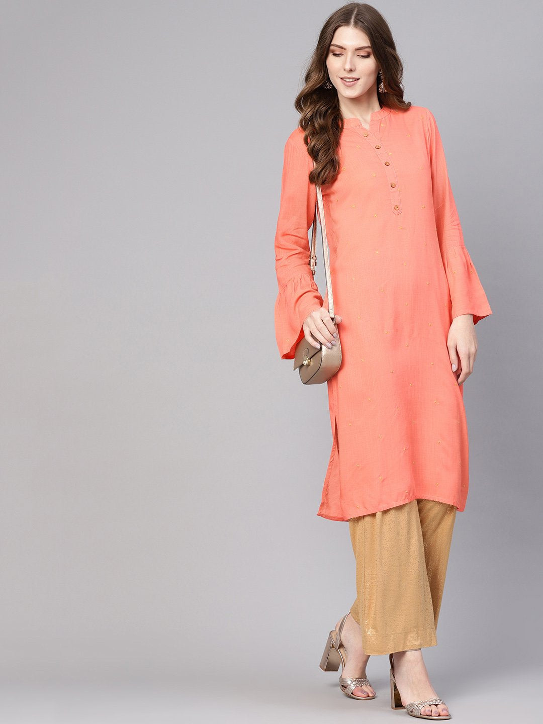 Women Peach-Coloured Woven Design Straight Kurta | NOZ2TOZ - Made In INDIA.