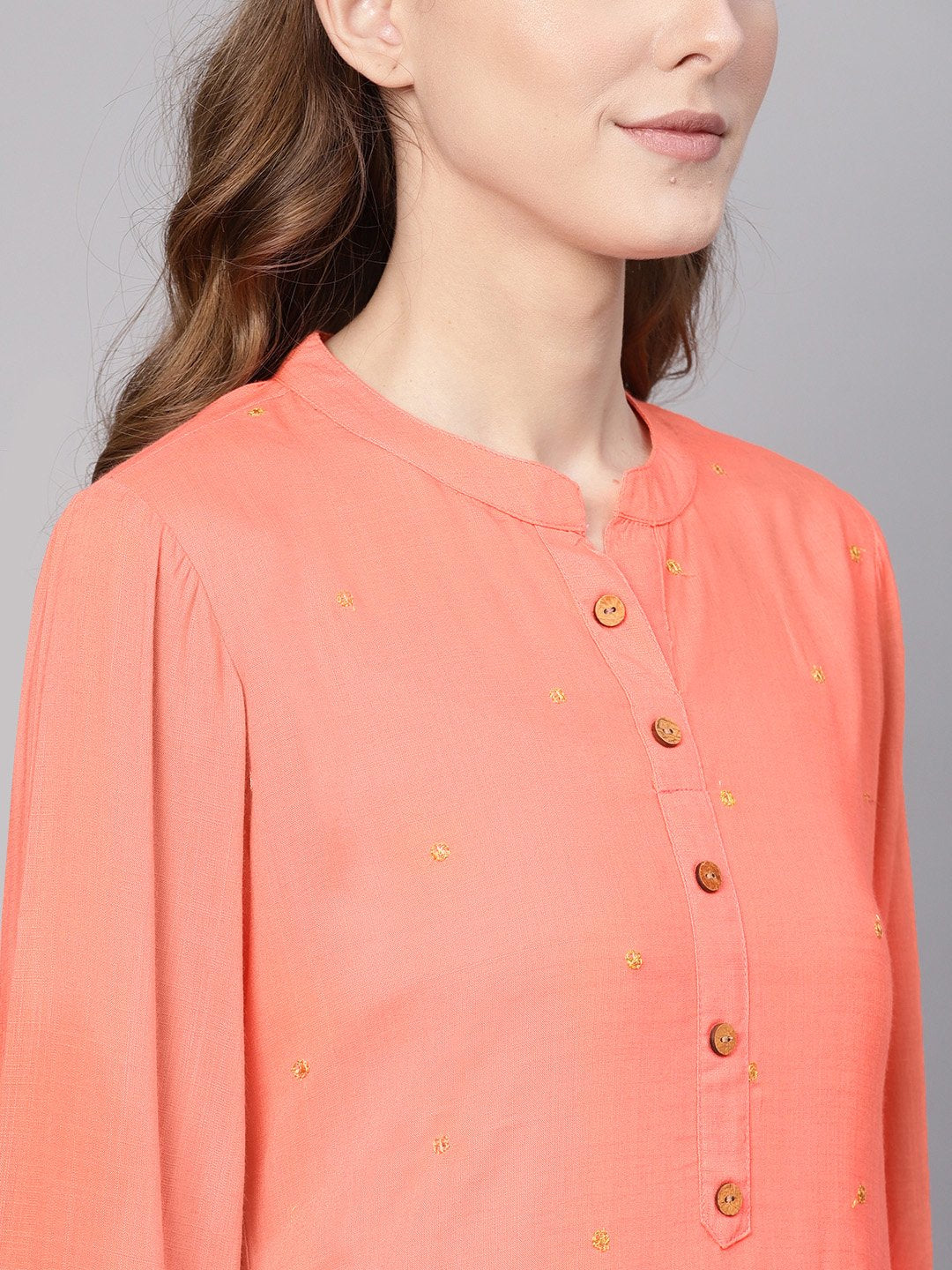 Women Peach-Coloured Woven Design Straight Kurta | NOZ2TOZ - Made In INDIA.