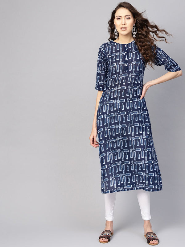 Women Blue & White Printed Straight Kurta | NOZ2TOZ - Made In INDIA.