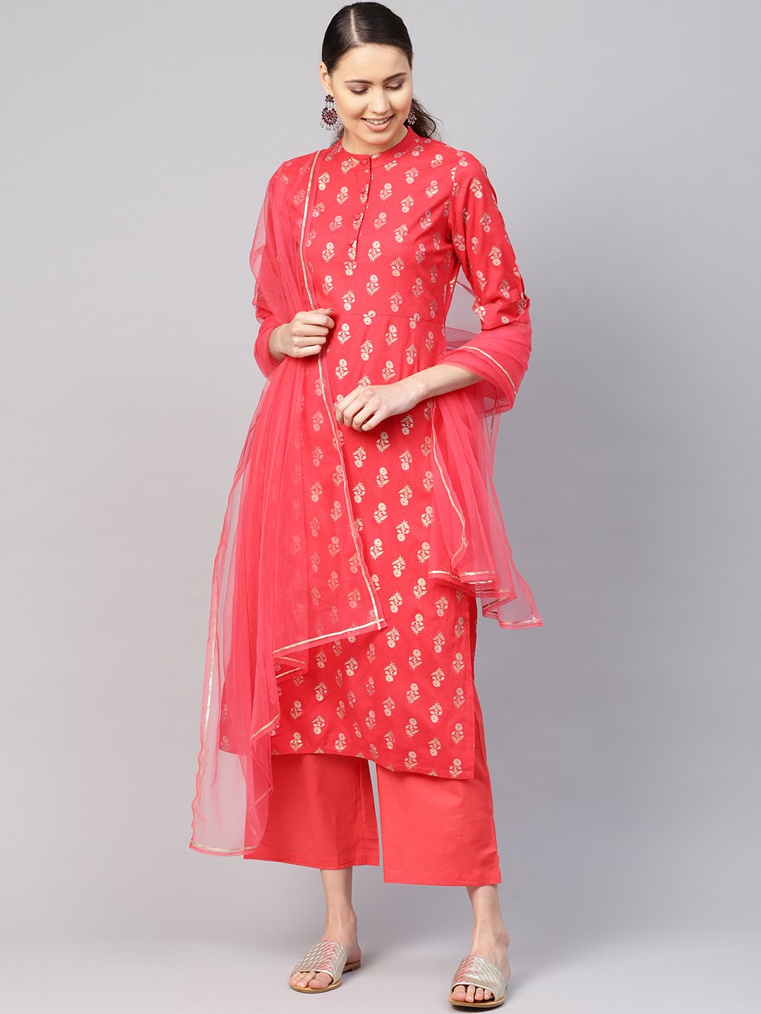 Women Coral Red & Golden Printed Kurta with Palazzos & Dupatta | NOZ2TOZ - Made In INDIA.