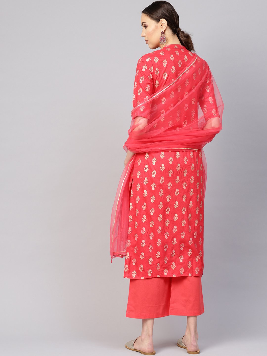 Women Coral Red & Golden Printed Kurta with Palazzos & Dupatta | NOZ2TOZ - Made In INDIA.