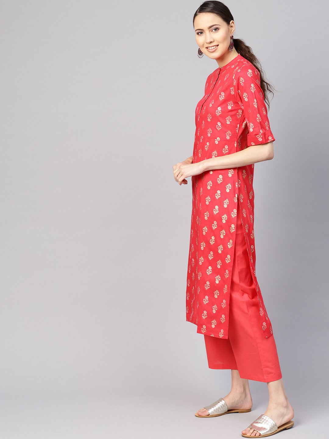 Women Coral Red & Golden Printed Kurta with Palazzos & Dupatta | NOZ2TOZ - Made In INDIA.