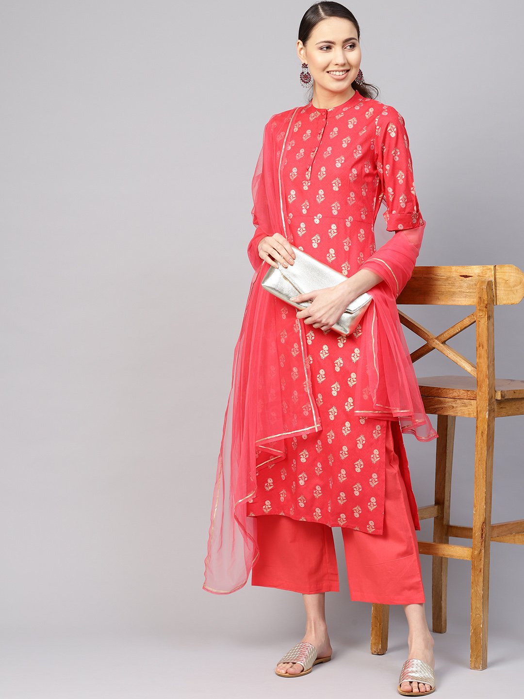 Women Coral Red & Golden Printed Kurta with Palazzos & Dupatta | NOZ2TOZ - Made In INDIA.