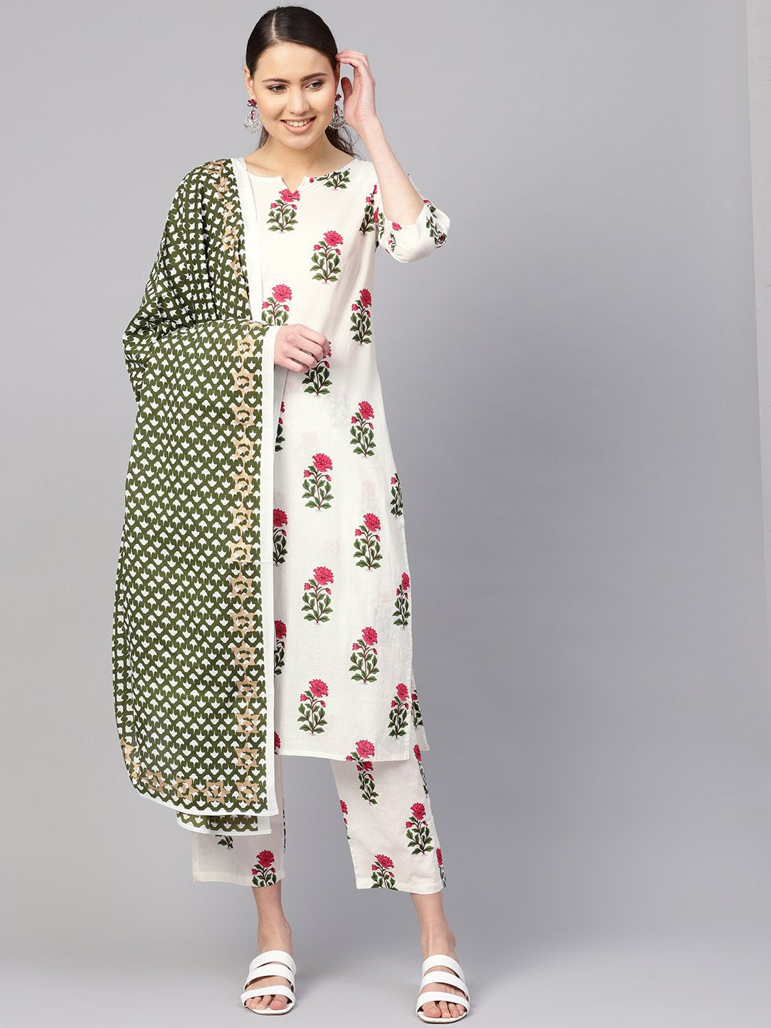 Women White & Green Printed Kurta with Trousers & Dupatta | NOZ2TOZ - Made In INDIA.