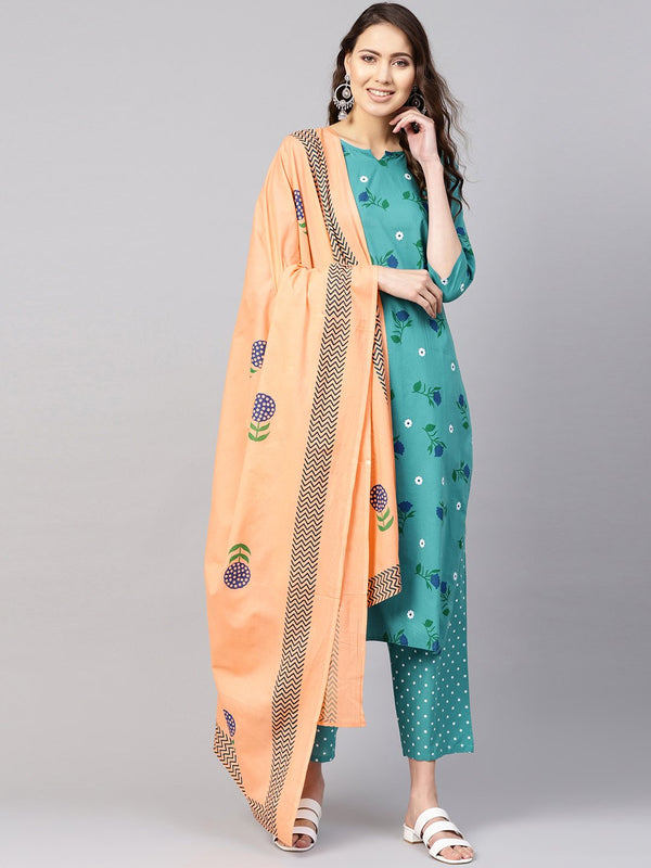 Women Green & Peach-Coloured Printed Kurta with Trousers & Dupatta | NOZ2TOZ - Made In INDIA.